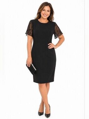 Donna Morgan Sheath Dress Size 14 Black Beaded Sheer Sleeve Cocktail